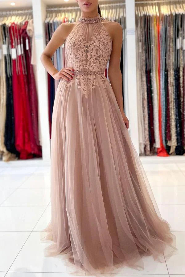 Impresionante vestido Weitese, corte A, cuello alto, tul, largo, formal, para fiesta de graduación con apliques de encaje.